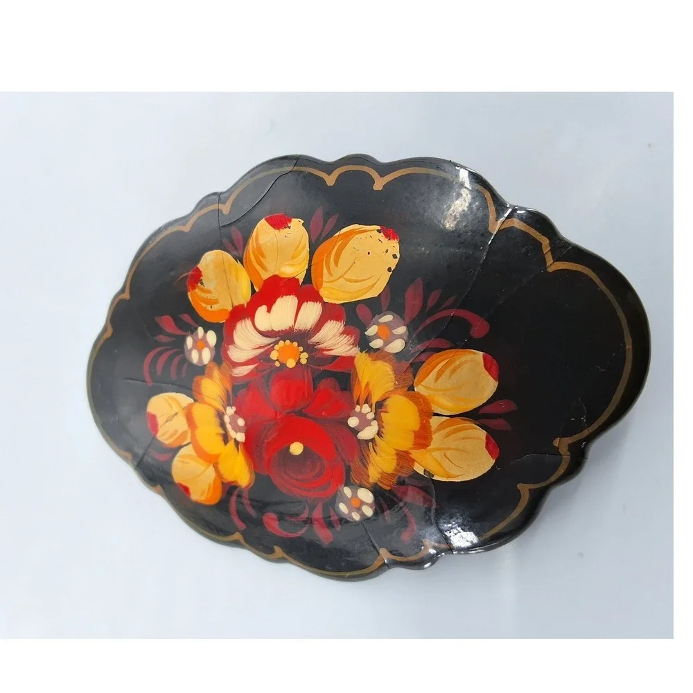 Vintage Russian Lacquer Brooch Hand‎ Painted Floral Zhostovo Signed Black Pin